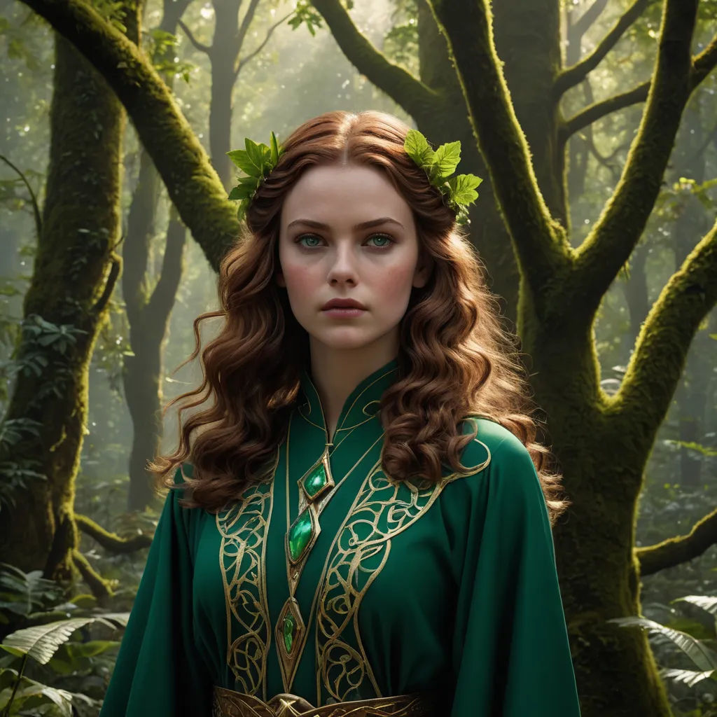 a woman in a green dress standing in a forest with trees in the background and a green cape over her head, pre-raphaelitism, a detailed matte painting, Elinor Proby Adams, elden ring
