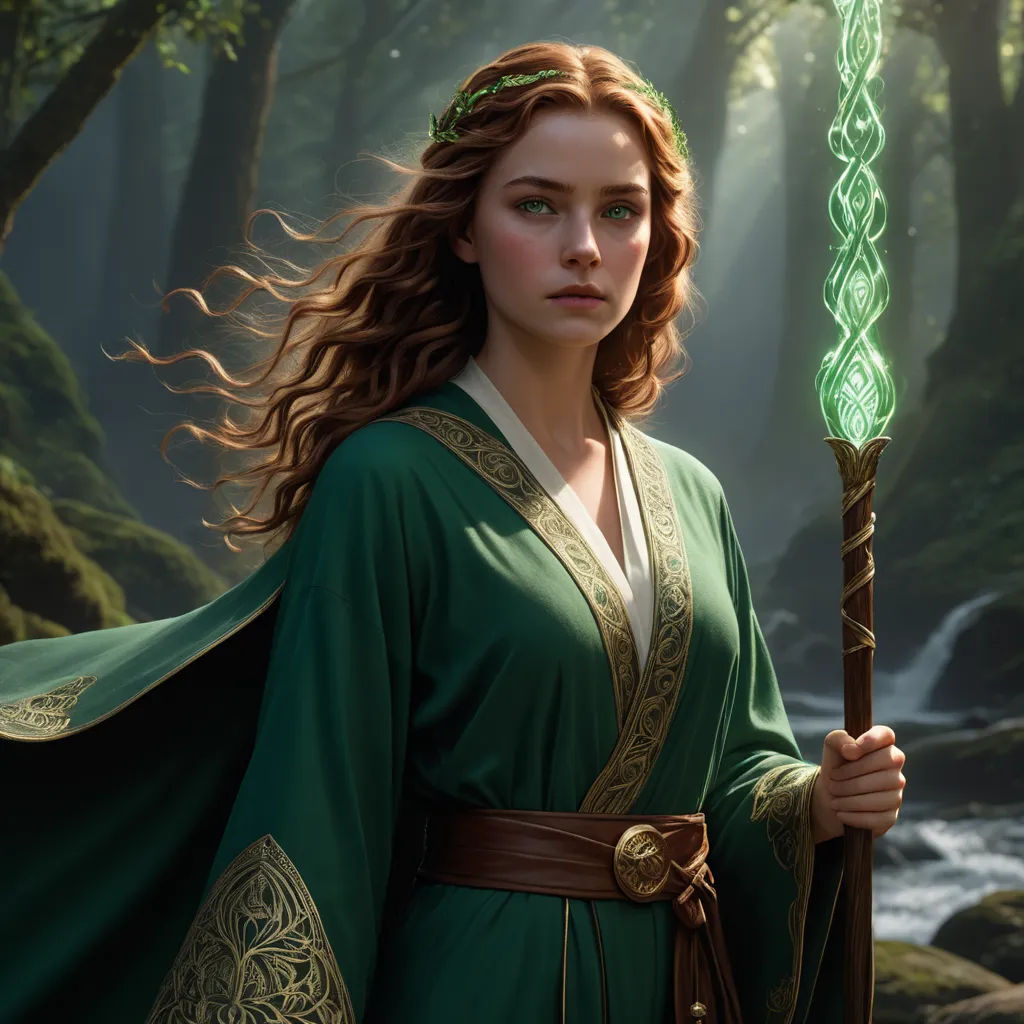 a woman in a green dress holding a green staff in a forest with a stream behind her and a waterfall behind her, fantasy art, concept art, Clint Cearley, magic the gathering artwork