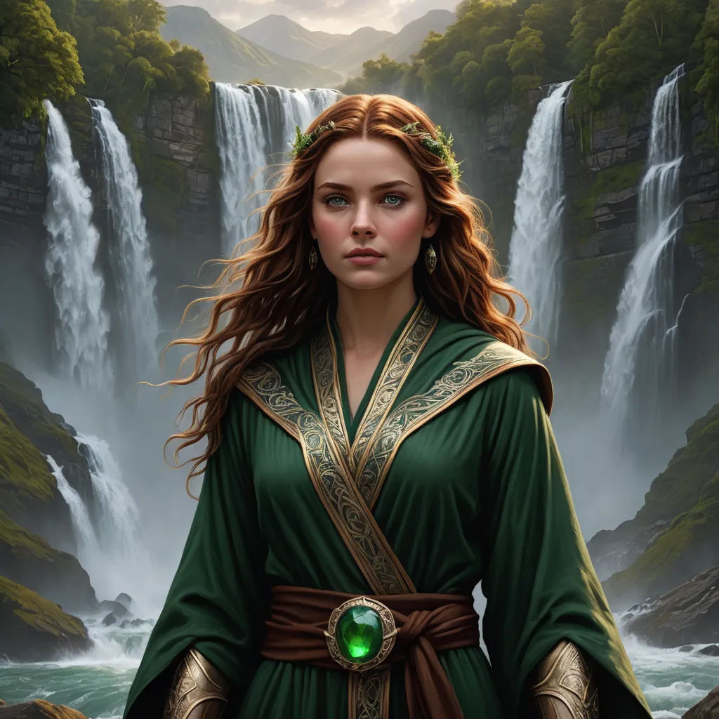 a woman in a green dress standing in front of a waterfall with a green ring on her finger and a green ring around her neck, fantasy art, a detailed matte painting, Clint Cearley, magic the gathering artwork