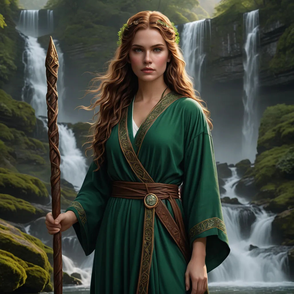 a woman in a green dress holding a staff in front of a waterfall and waterfall with a waterfall behind her, fantasy art, concept art, Clint Cearley, epic fantasy character art