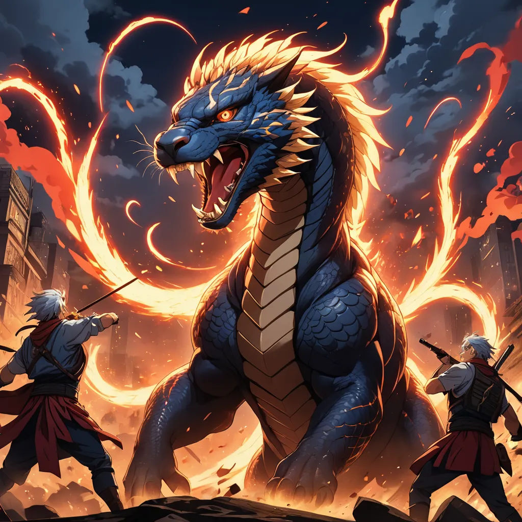 a dragon with a sword and two men in front of it, with a city in the background, and a fireball in the air, fantasy art, a comic book panel, Andreas Rocha, dragon art