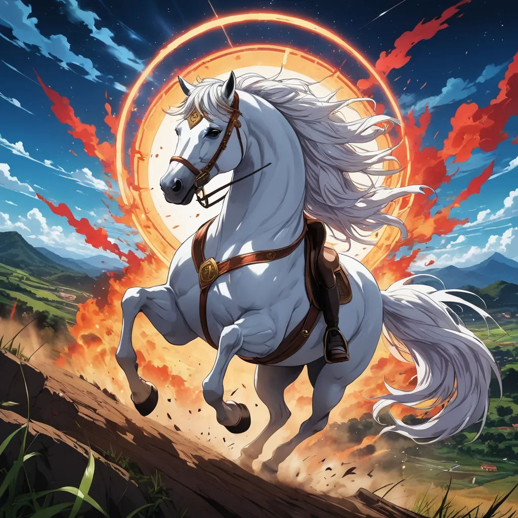 a white horse with a saddle running through a field with a sunset in the background and a red circle in the sky, altermodern, an album cover, Chris LaBrooy, official art