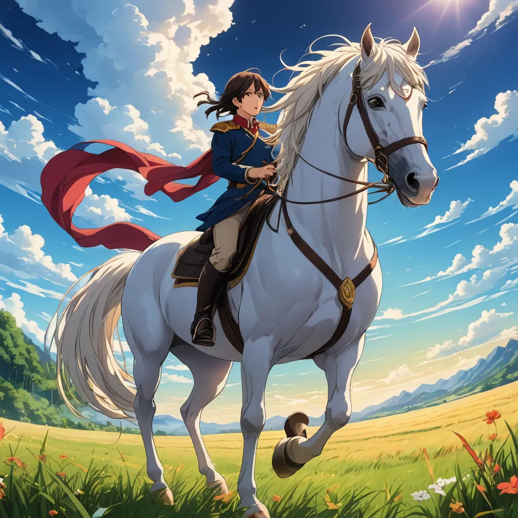 a girl riding a horse in a field with a sky background and clouds in the background, with a red cape on her head, sots art, poster art, Ada Gladys Killins, official art