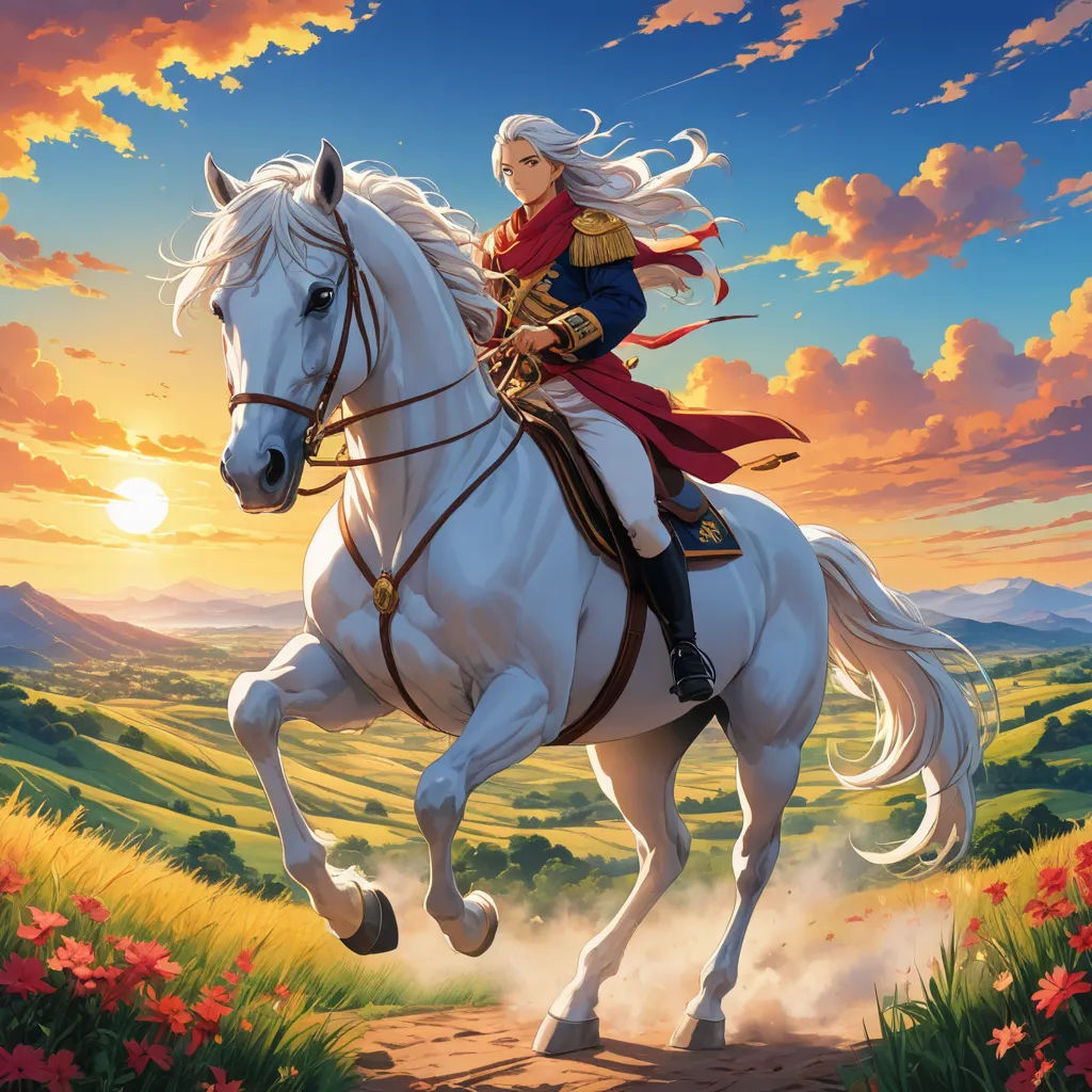 a woman riding a white horse through a field of flowers at sunset with a sky background and clouds in the background, fantasy art, a storybook illustration, Christophe Vacher, rossdraws global illumination