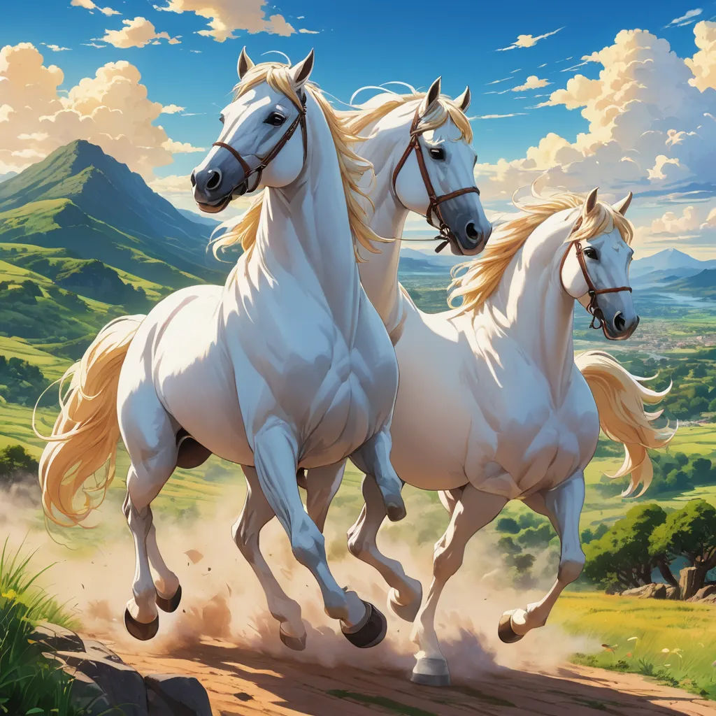 two white horses running on a dirt road in the mountains with a sky background and clouds above them, with a mountain range in the background, american scene painting, a detailed matte painting, Brothers Hildebrandt, magic the gathering artwork