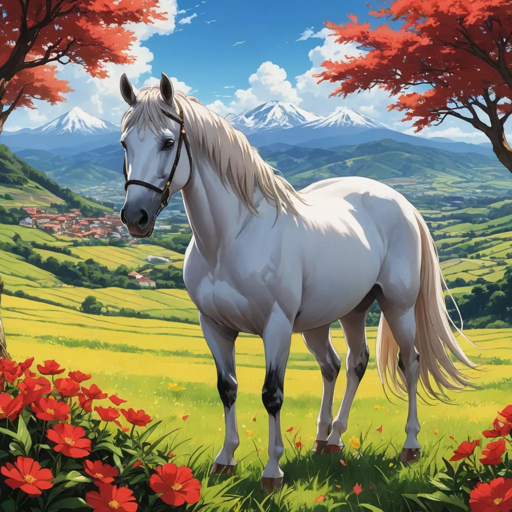 a white horse standing in a field of flowers and trees with a mountain in the background with red flowers, fantasy art, a detailed matte painting, Christophe Vacher, official art