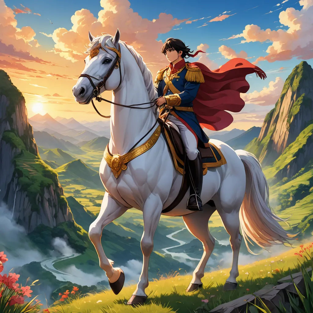 a man riding on the back of a white horse in a mountainous area with a red cape on his head, fantasy art, an ultrafine detailed painting, Artgerm, official art