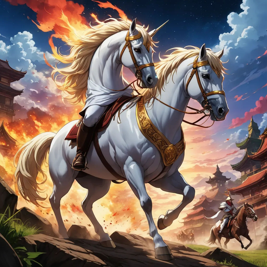 a white horse with a golden harness running through a field with a man on it's back and a castle in the background, fantasy art, a detailed painting, Chris LaBrooy, rossdraws global illumination