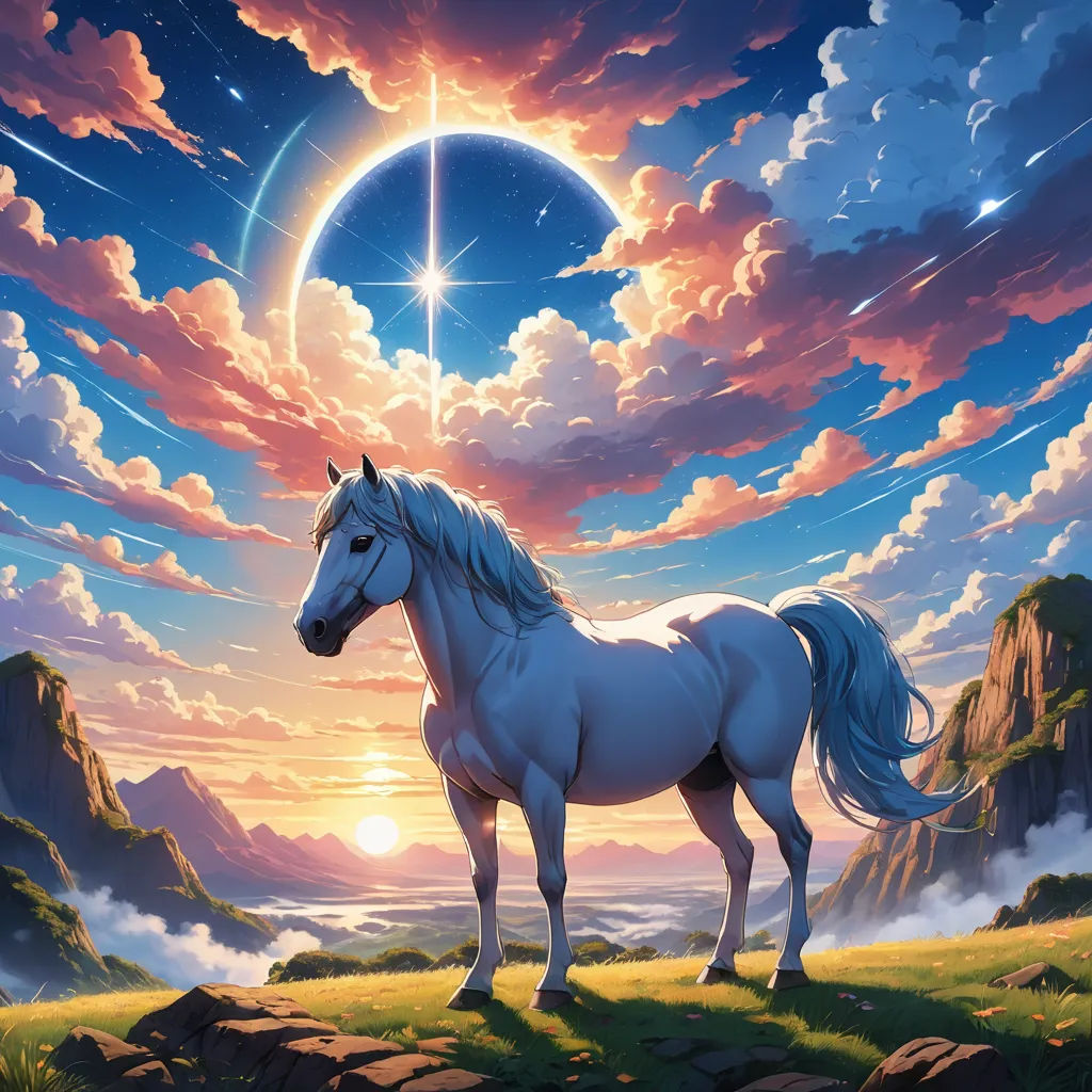 a white horse standing on top of a lush green field under a blue sky with stars and clouds above it, fantasy art, an airbrush painting, Anne Stokes, highly detailed digital painting