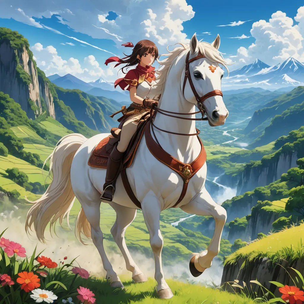 a girl riding a horse in a mountainous area with mountains in the background and flowers in the foreground, fantasy art, a detailed matte painting, Christophe Vacher, official art