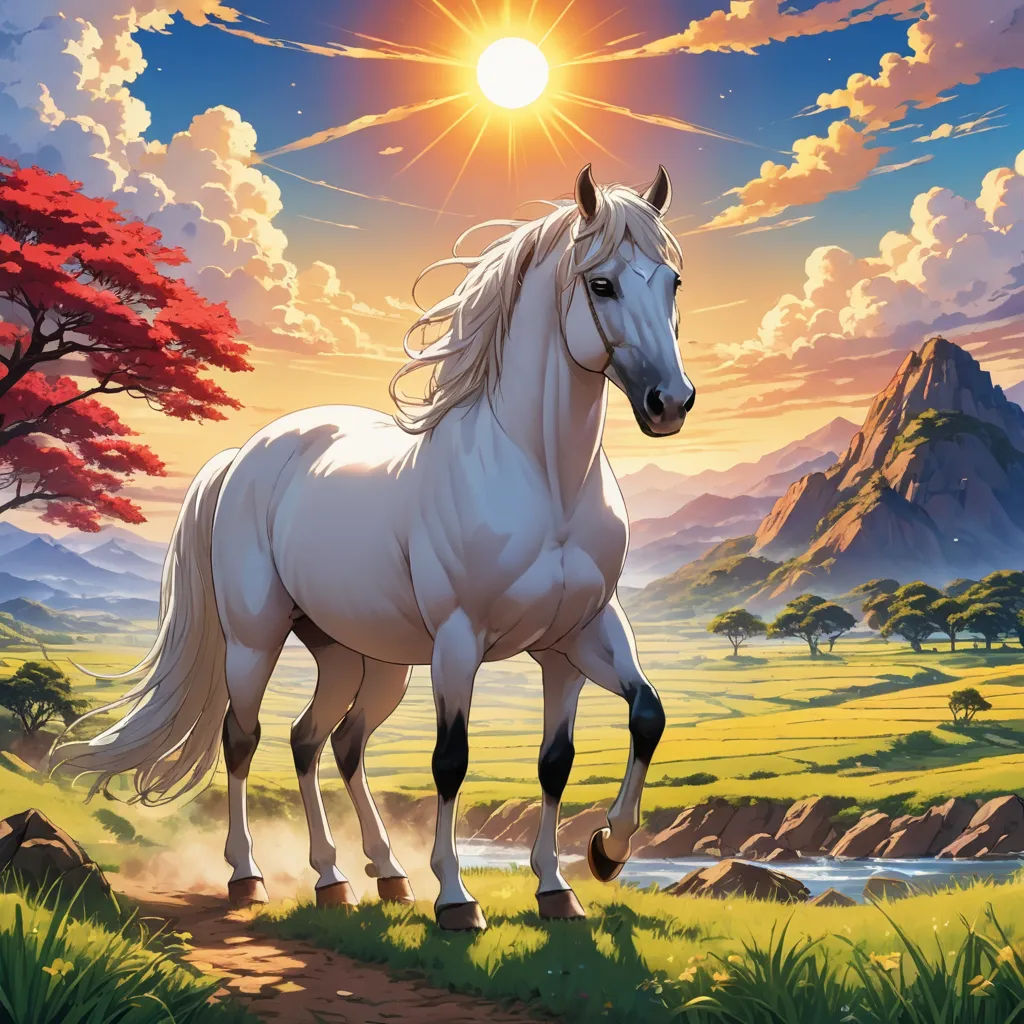 a white horse standing on a lush green field under a sunset sky with clouds and trees in the background, fantasy art, an airbrush painting, Chris LaBrooy, magic the gathering artwork
