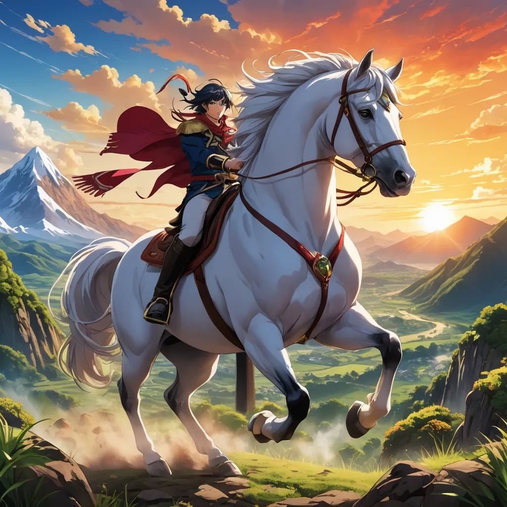 a woman riding on the back of a white horse in a mountainous area with a sunset behind her and mountains, fantasy art, concept art, Christophe Vacher, official art