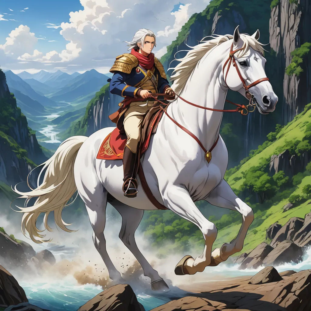 a man riding a white horse through a mountainous area with a river and mountains in the background, with a mountain range in the background, fantasy art, a detailed painting, Emanuel Leutze, magic the gathering artwork