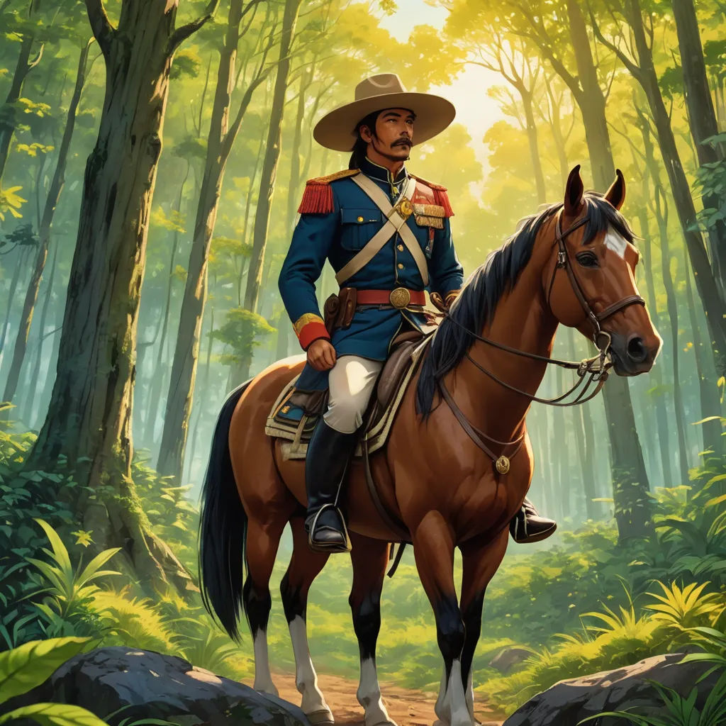 a painting of a man in uniform riding a horse in a forest with trees and rocks on the ground, serial art, a character portrait, Alejandro Burdisio, official art