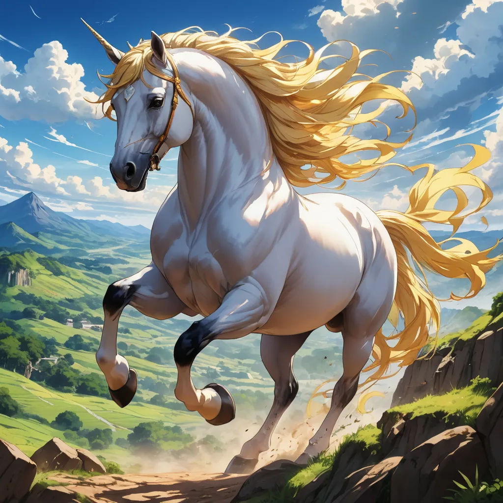 a white horse with blonde hair running on a dirt road in the mountains with a sky background and clouds, fantasy art, an ultrafine detailed painting, Christophe Vacher, magic the gathering artwork
