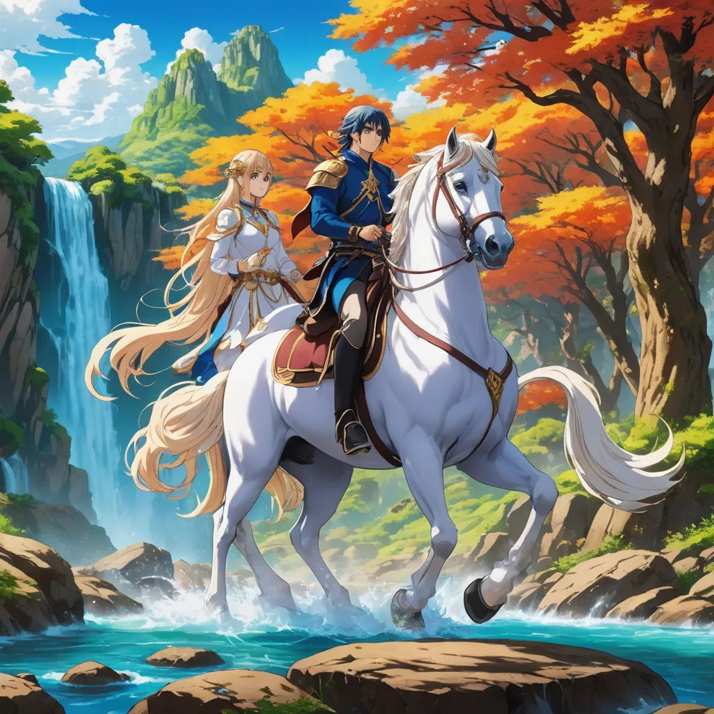 a man and woman riding on the back of a white horse next to a waterfall and trees in the background, fantasy art, a detailed matte painting, Cedric Seaut (Keos Masons), official art