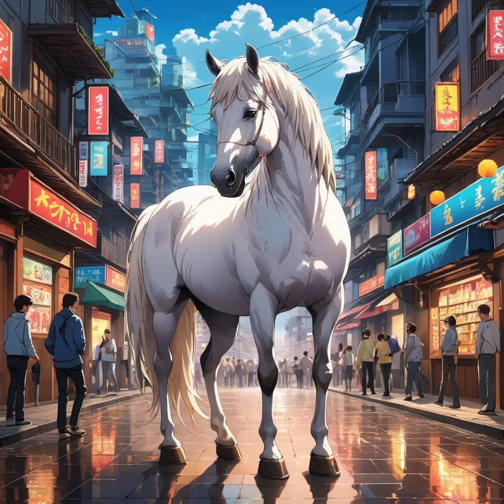a white horse standing on a city street next to a crowd of people and buildings with signs on the buildings, cloisonnism, a detailed matte painting, Chris LaBrooy, trending on art station