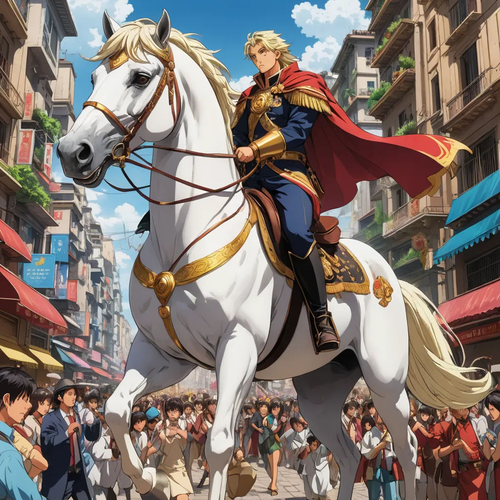 a man riding on the back of a white horse in a city street filled with people and buildings with a crowd of people, neoclassicism, concept art, Andor Basch, official art