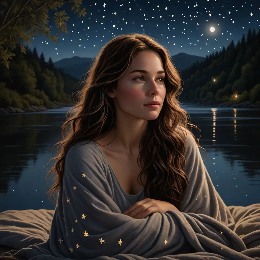 a painting of a woman sitting on a bed with a night sky in the background and stars in the sky, figurative art, a detailed painting, Brad Kunkle, highly detailed digital painting