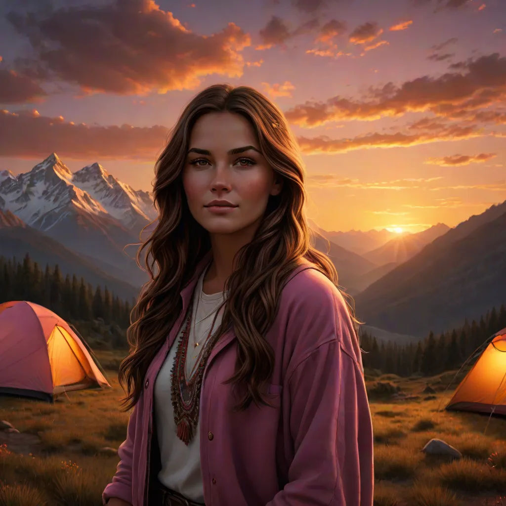 a woman standing in front of a tent with a sunset in the background and mountains in the background with a few tents, fantasy art, a character portrait, Dan Mumford, highly detailed digital painting