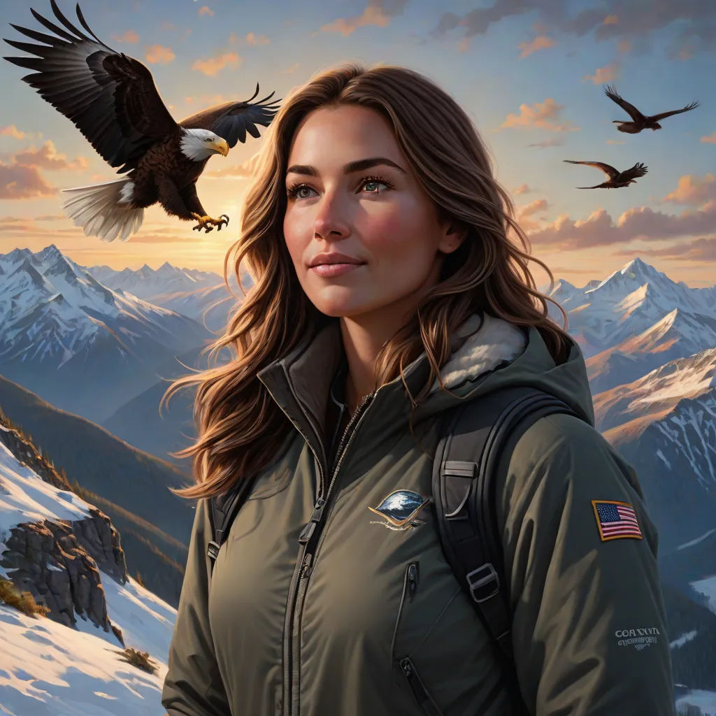a woman in a green jacket with an eagle on her shoulder and mountains in the background with a sunset, american romanticism, a detailed painting, Dan Mumford, highly detailed digital painting