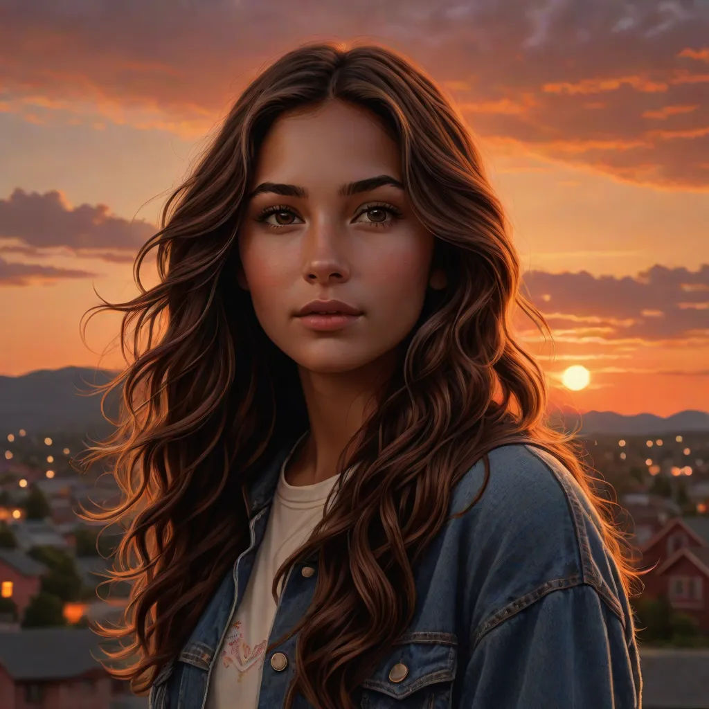 a painting of a woman with long hair and a sunset in the background, with a city in the background, photorealism, a photorealistic painting, Dan Mumford, highly detailed digital painting