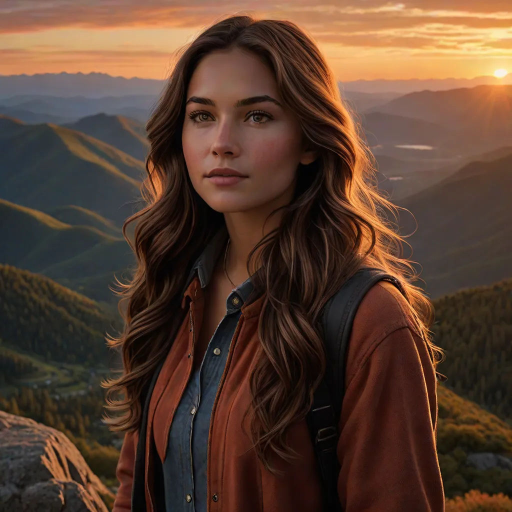 a woman standing on top of a mountain at sunset with a backpack on her shoulder and a view of the mountains behind her, photorealism, a photorealistic painting, Elina Karimova, photoreal