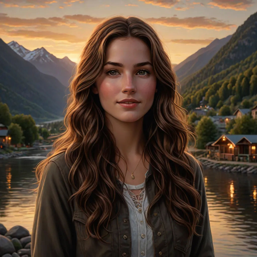a painting of a woman standing in front of a lake with mountains in the background and houses on the shore, photorealism, a detailed painting, Dan Mumford, highly detailed digital painting