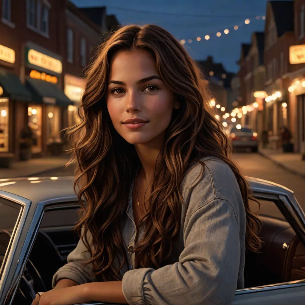 a woman sitting in the back of a car in a town at night with lights strung across the street, photorealism, a photorealistic painting, August Lemmer, highly detailed digital painting