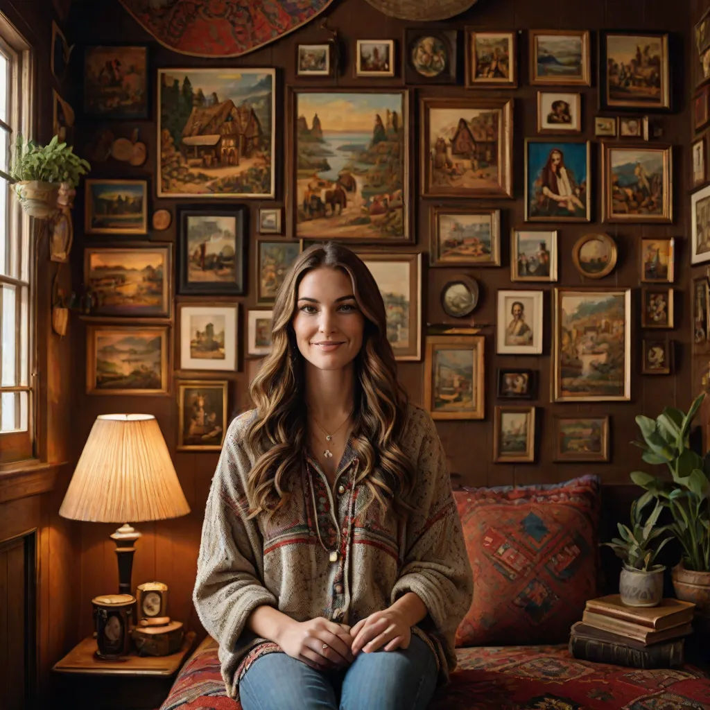 a woman sitting on a couch in a room with many pictures on the wall and a lamp on the floor, folk art, a character portrait, Claire Hummel, leesha hannigan