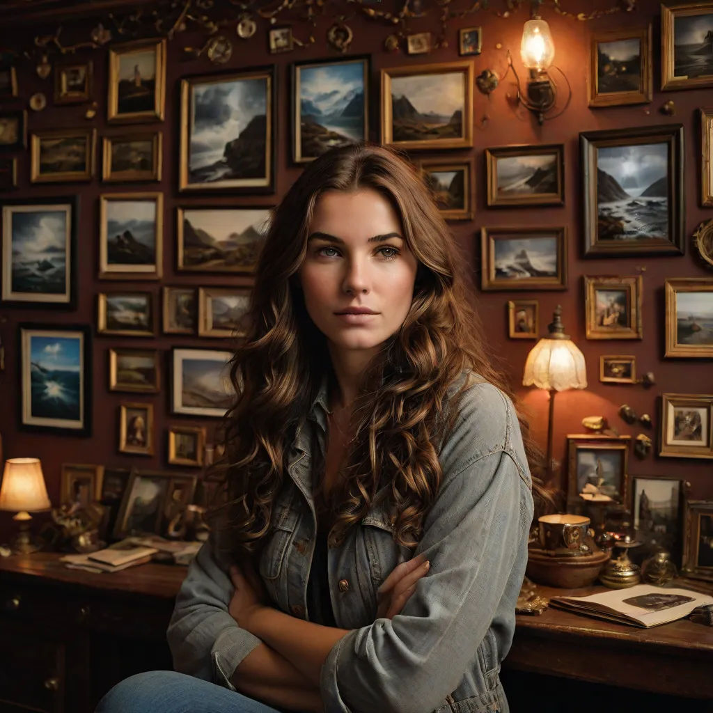 a woman sitting in front of a desk with a lot of pictures on the wall behind her and a lamp on the desk, visual art, an oil painting, David Teniers III, promotional image