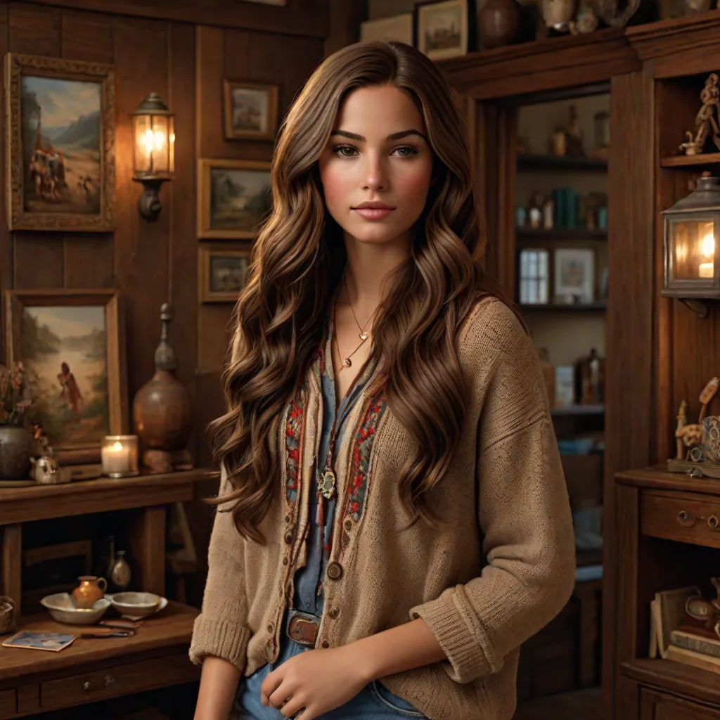 a woman standing in a room with a lot of wooden shelves and a painting on the wall behind her, visual art, a photorealistic painting, Dorothy Coke, promotional image