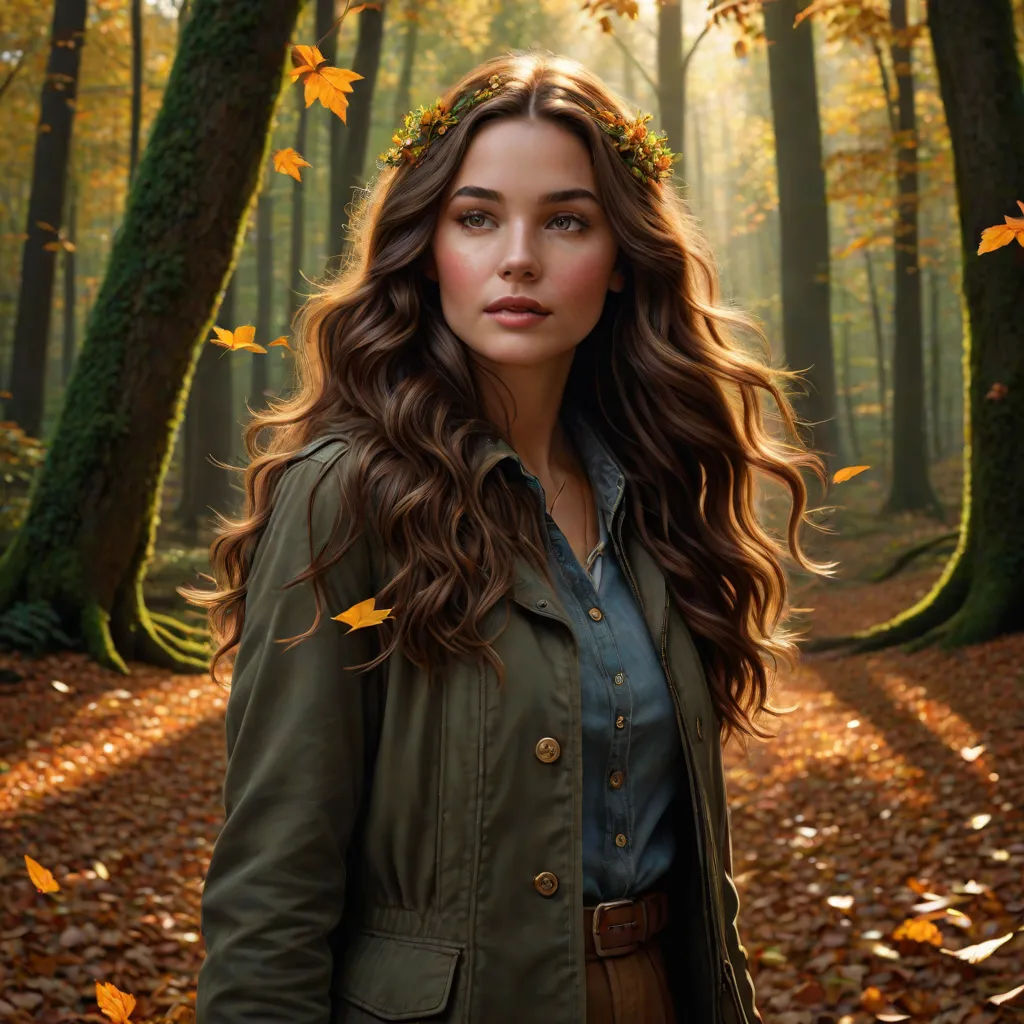 a woman standing in a forest with leaves falling from her hair and a wreath of flowers in her hair, fantasy art, a photorealistic painting, August Lemmer, promotional image
