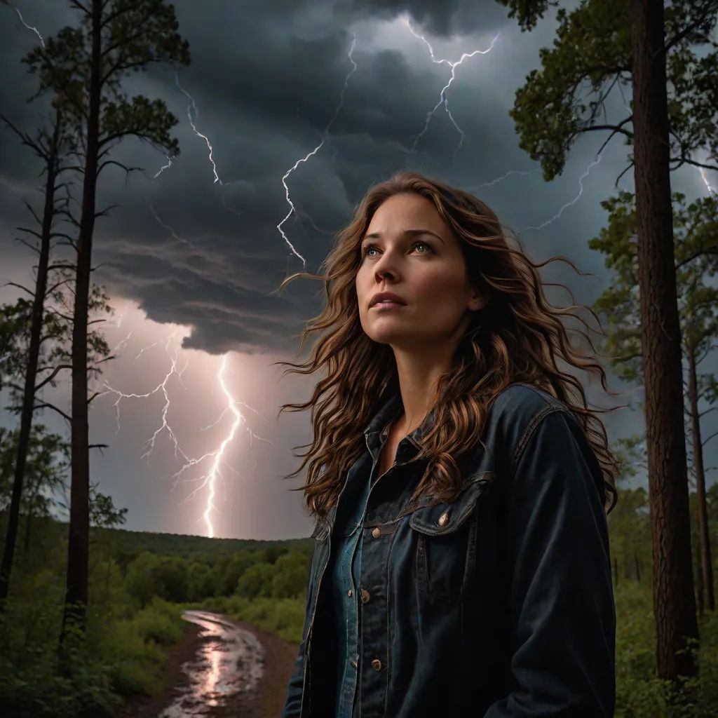 a woman standing in the middle of a forest under a storm filled sky with lightning striking overhead over her, shock art, poster art, Dirk Crabeth, promotional image