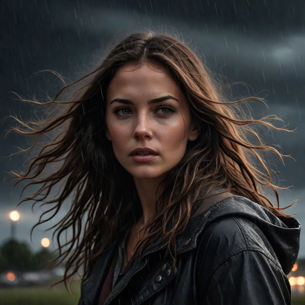 a woman with long hair standing in the rain with a black jacket on and a dark sky in the background, serial art, poster art, Dirk Crabeth, promotional image