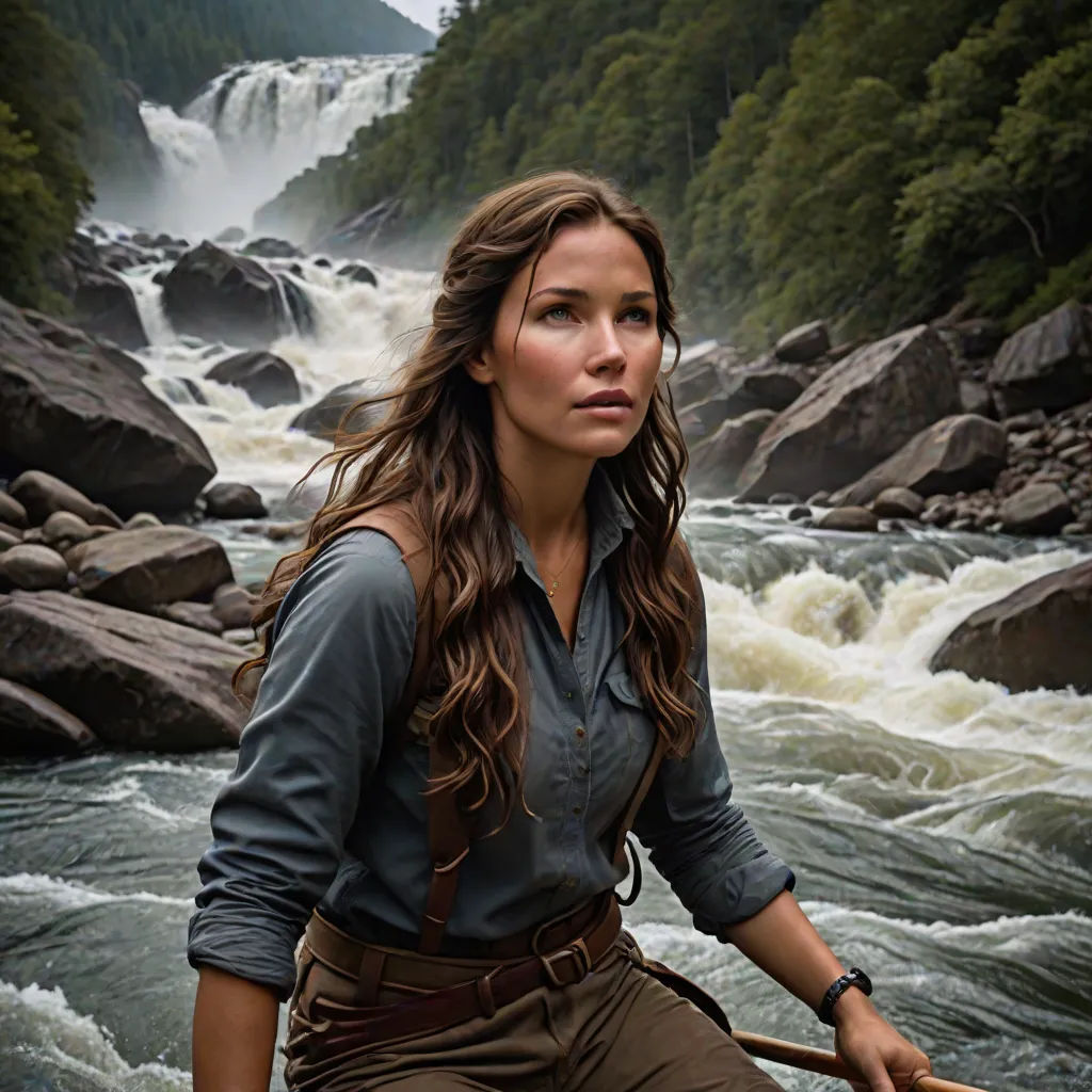 a woman in a brown outfit is standing in a river with a waterfall in the background and a wooden stick in her hand, naturalism, a poster, Annie Leibovitz, promotional image