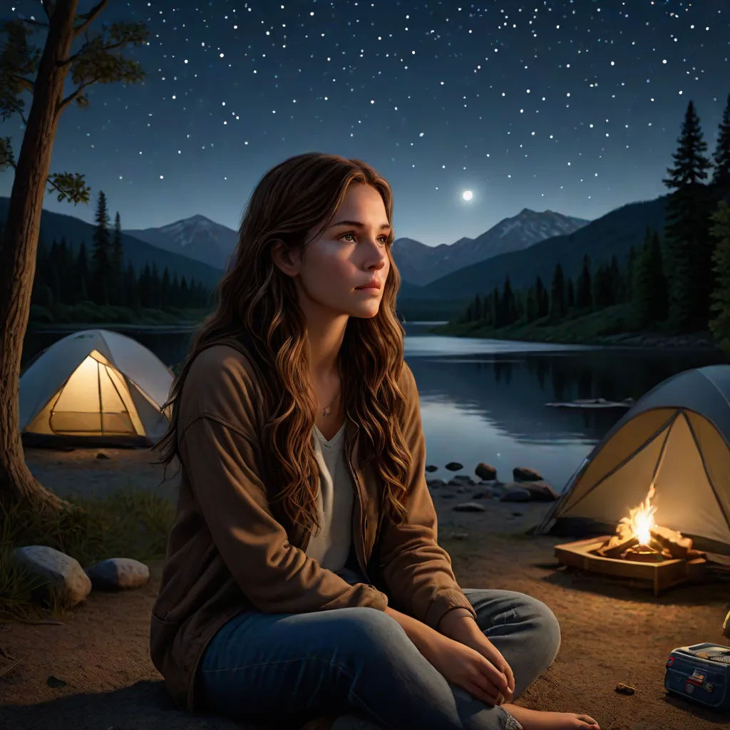 As night fell, Cathy set up camp by the river. The day's adventures had left her tired but exhilarated. She looked forward to the next day.