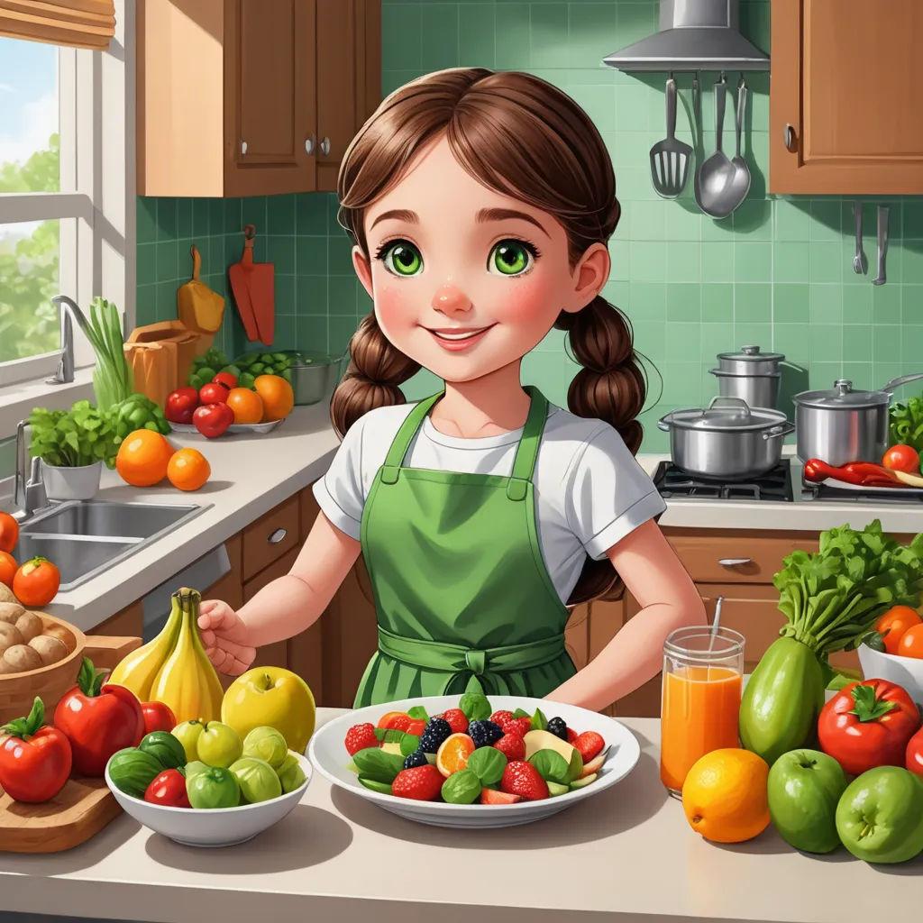 a girl in a kitchen with a plate of vegetables and fruit on the counter top, and a bowl of fruit and vegetables on the counter, lyco art, a storybook illustration, Elinor Proby Adams, trending on art station