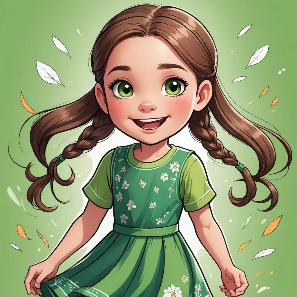 a girl with long hair and green dress smiling at the camera with leaves around her and her hair in a ponytail, lyco art, a character portrait, Clarice Beckett, deviantart artstation