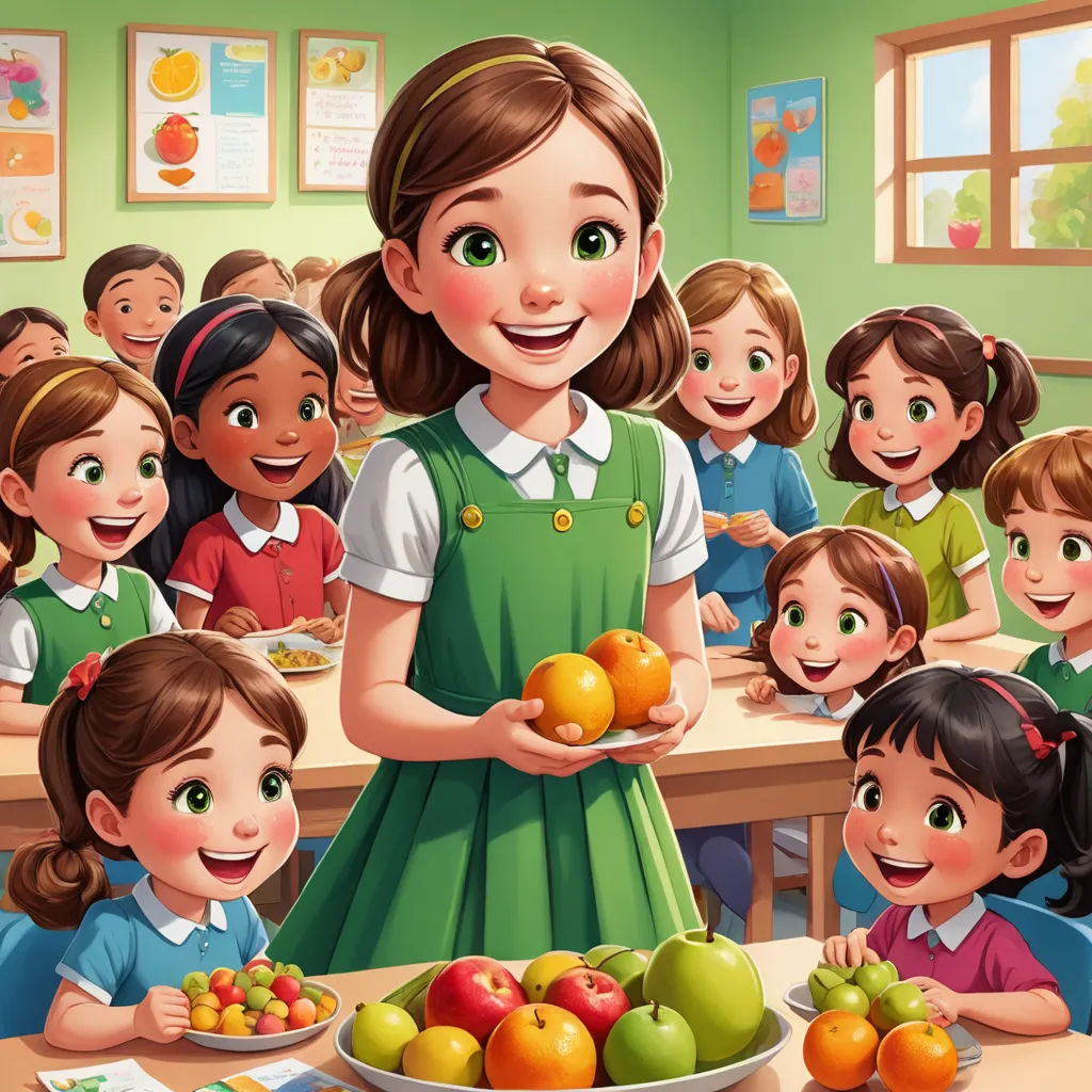 a girl holding a plate of fruit in front of a group of children in a classroom with a teacher, danube school, a storybook illustration, Bourgeois, official art