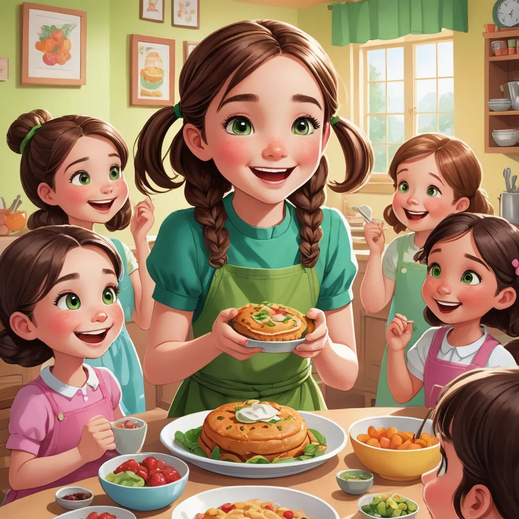 a girl is holding a plate of food with other children around her and a cake on the table with a lot of food on it, american scene painting, a storybook illustration, Beatrice Huntington, storybook illustration
