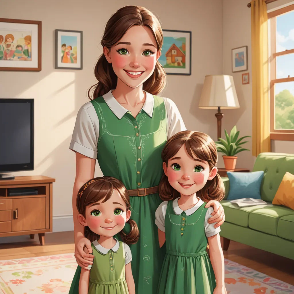 a woman and two children standing in a living room together, with a television in the background and a green couch, american scene painting, a storybook illustration, disney, pixar style