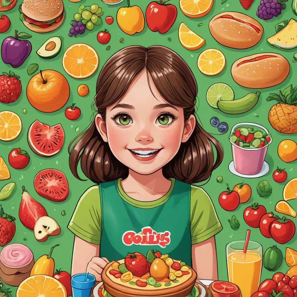 a girl is holding a plate of food with fruits and vegetables around her and a green background with oranges, strawberries, and other fruits, lowbrow, a storybook illustration, Diego Gisbert Llorens, detailed illustration