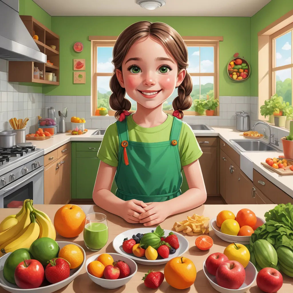 a girl standing in front of a table full of fruits and vegetables, with a green wall behind her, photorealism, a storybook illustration, Elinor Proby Adams, trending on art station