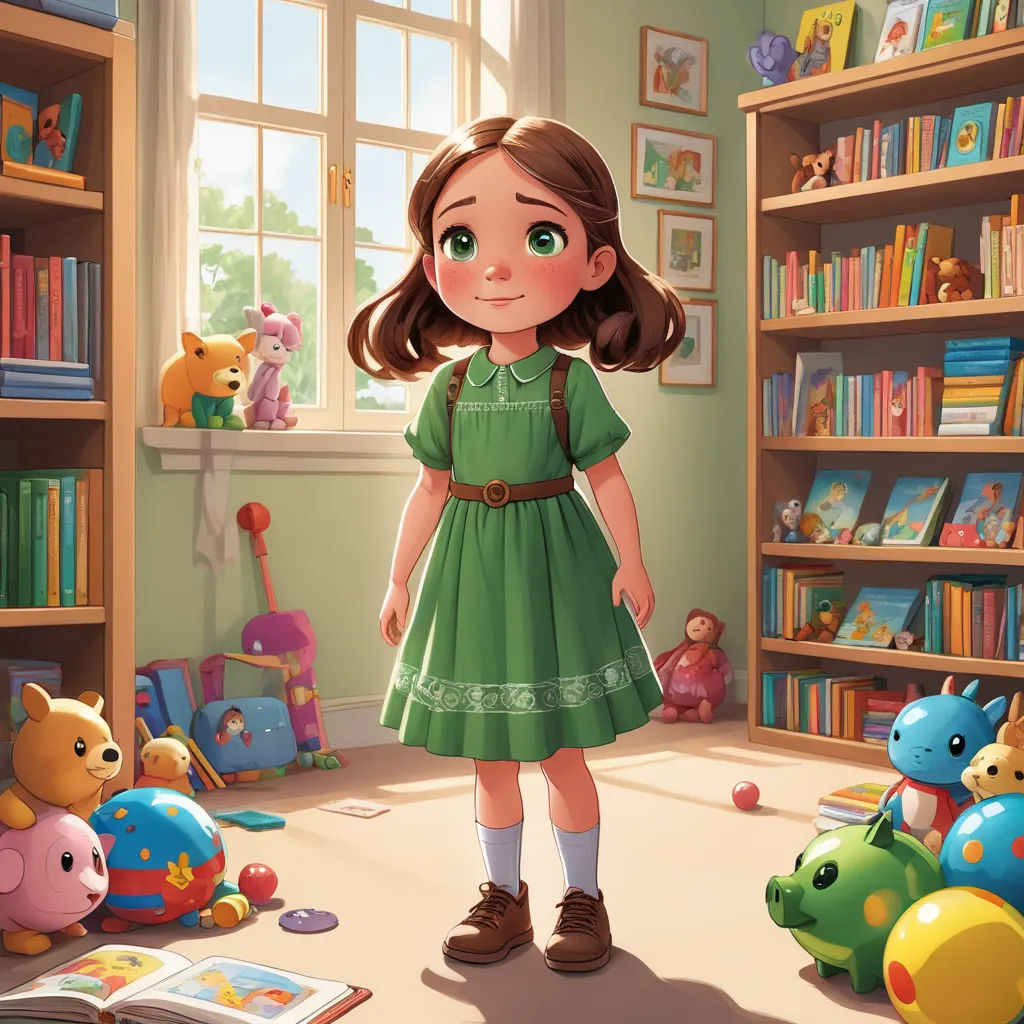 a girl in a green dress standing in a room with bookshelves and stuffed animals on the floor, arts and crafts movement, a storybook illustration, Clarice Beckett, storybook illustration