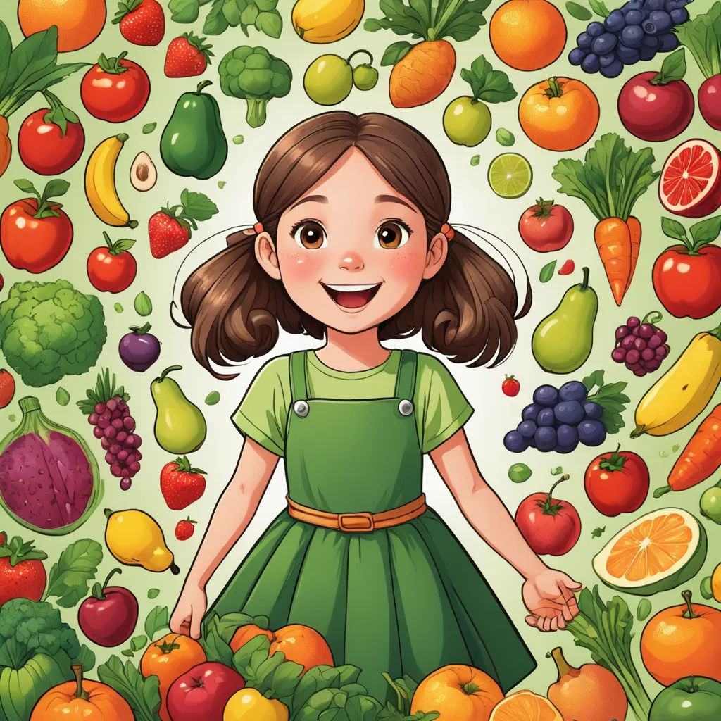 a girl surrounded by fruits and vegetables on a green background with a white border around her is a picture of a girl surrounded by fruits and vegetables, lyco art, a storybook illustration, Elinor Proby Adams, detailed illustration