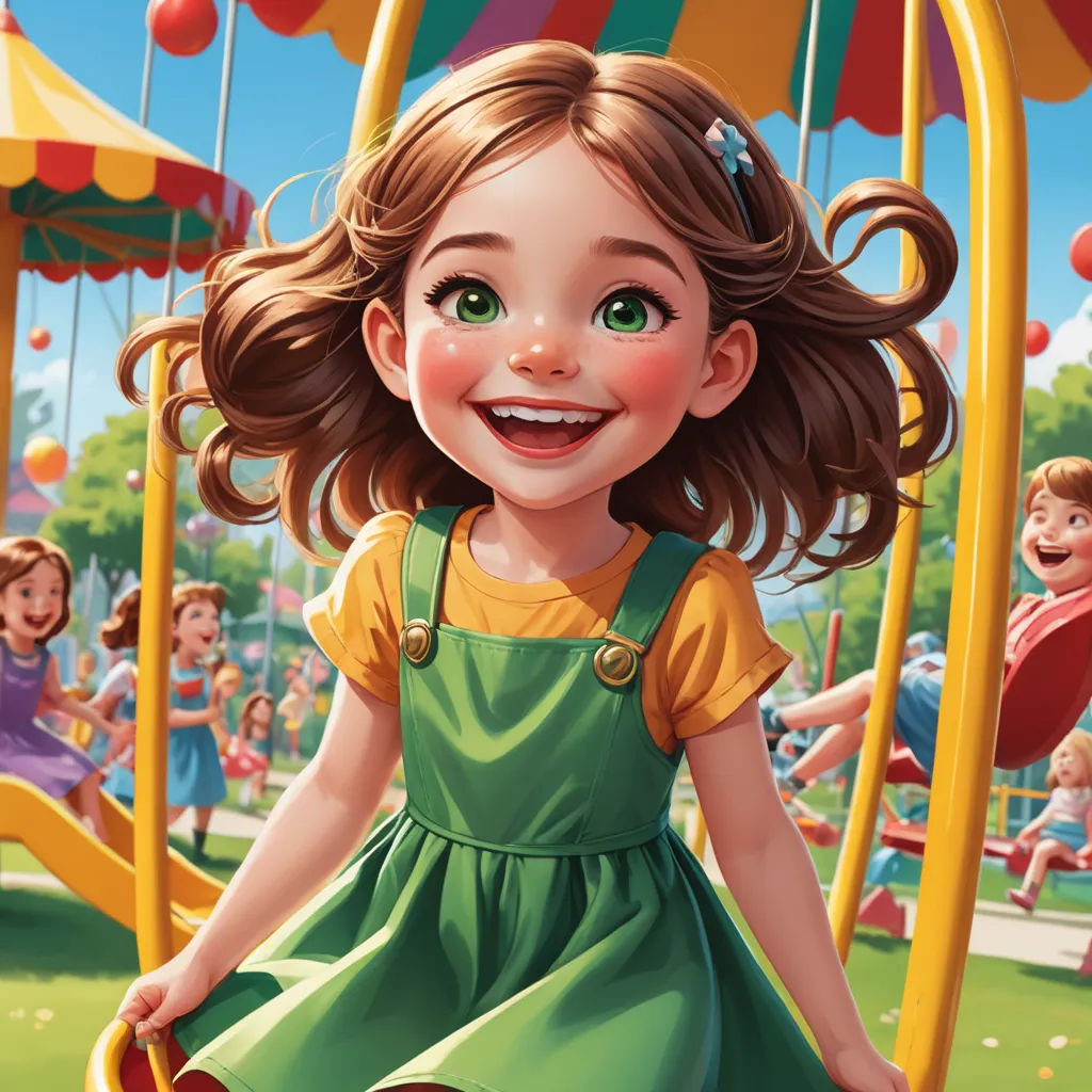 a cartoon girl in a green dress is on a swing set with a crowd of children in the background, american scene painting, an ultrafine detailed painting, Clarice Beckett, official art