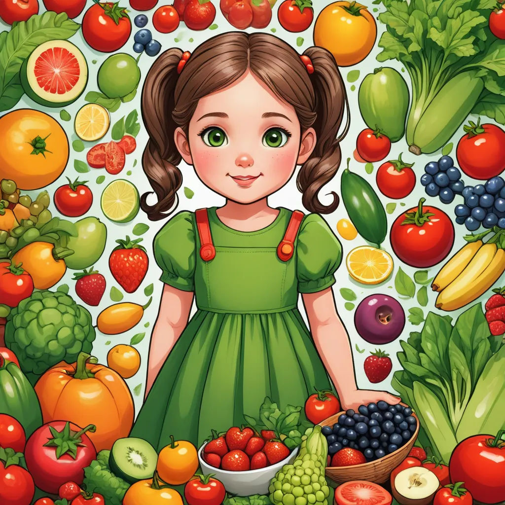 a girl surrounded by fruits and vegetables in a cartoon style, with a green dress and a red bow, lyco art, a storybook illustration, Elinor Proby Adams, highly detailed digital art