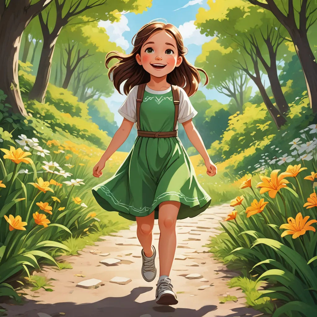 a girl in a green dress is walking down a path in the woods with flowers on both sides of her, fantasy art, a storybook illustration, Alice Prin, official art