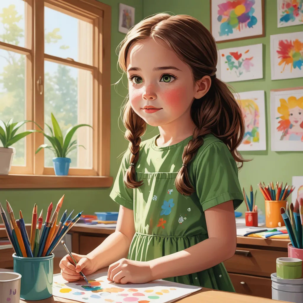 a painting of a girl in a green dress sitting at a desk with a pencil and a pot of flowers, american scene painting, a detailed painting, artist, professional digital painting
